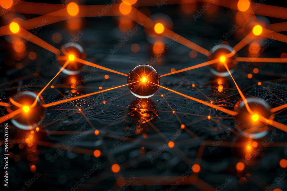 Poster clusters of bright orange nodes are interconnected by glowing lines on a dark, reflective surface, c