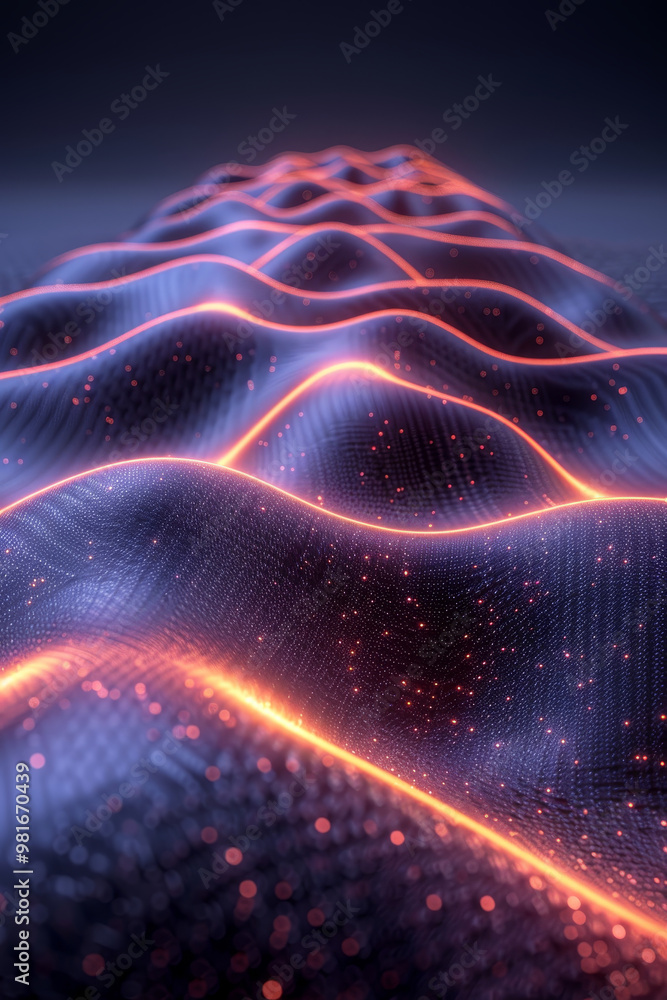 Poster a mesmerizing landscape of luminous waves undulating gently, highlighted by bright lines and a deep,