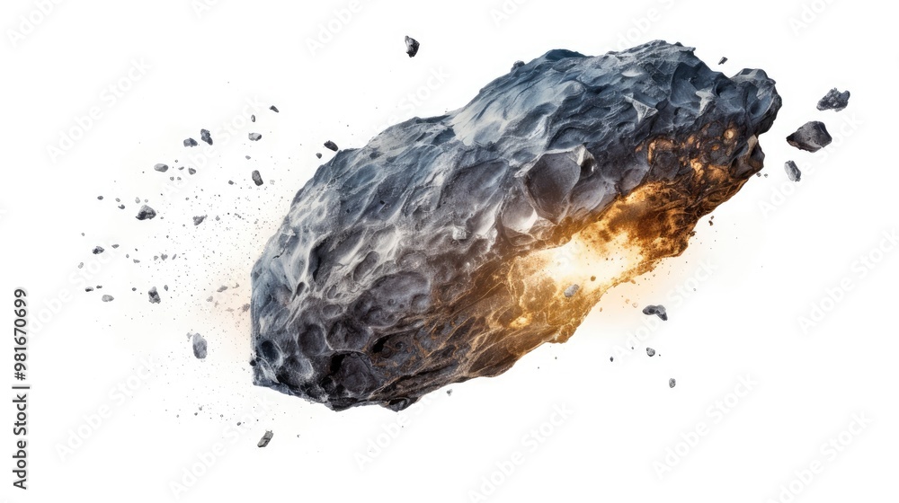 Poster a dramatic image of a large asteroid breaking apart in space.