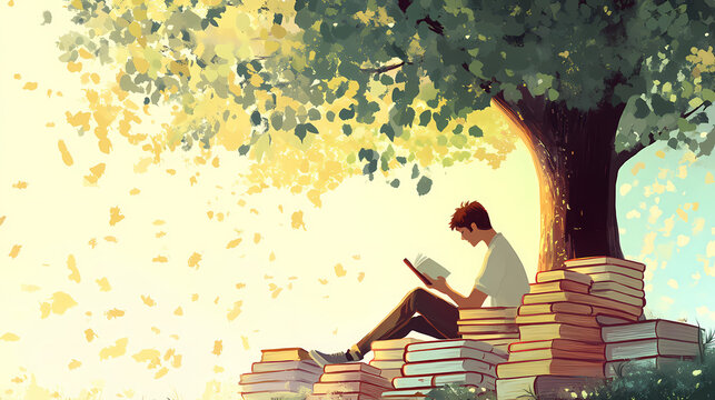 Student reading a book under a tree, with stacks of books around him. concept of back to school and study motivation. Serene. Illustration