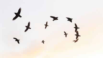 A flock of birds fly in formation against a clear sky, their silhouettes creating a beautiful and serene scene.