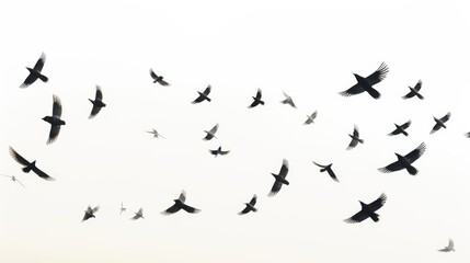 A flock of birds fly in formation against a white sky, their silhouettes creating a dynamic and elegant pattern.