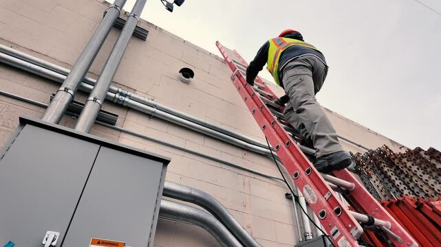 Electrician climbing an extension ladder to rooftop