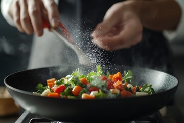Cooking fresh vegetables. The chef adds salt to a steaming hot pan. Grande cuisine idea for a hotel with advertising space , ai