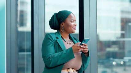 Window, thinking or African businesswoman with mobile for text message or social media in office. Ideas, laughing or happy financial advisor typing on phone app for reading online schedule or update
