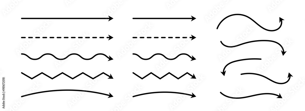 Poster Black arrows set. Wavy and zigzag arrow collection. Doodle sketched thin pointers and direction lines. Curved and straight outline stripe design elements bundle for flyer, poster, brochure. Vector