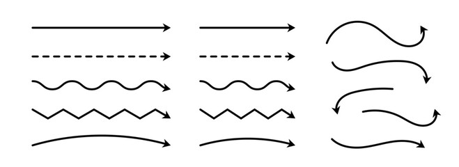 Black arrows set. Wavy and zigzag arrow collection. Doodle sketched thin pointers and direction lines. Curved and straight outline stripe design elements bundle for flyer, poster, brochure. Vector