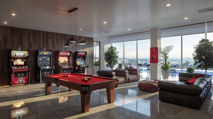 A modern game room with a sleek pool table, interactive arcade games, and a comfortable lounge area for a perfect leisure experience.