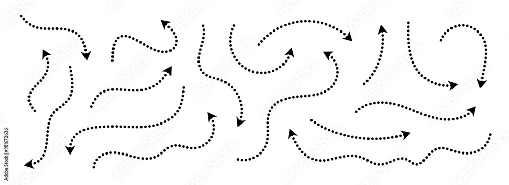 Poster Black dotted arrows set. Wavy and curved dashed arrow collection. Doodle sketched thin pointers and direction lines. Dots outline stripe design elements bundle for flyer, poster, brochure. Vector