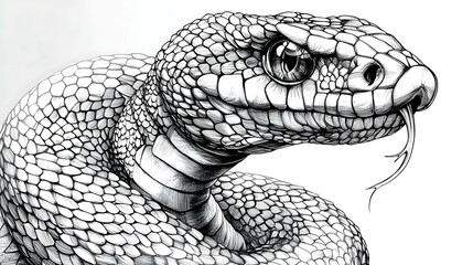 Detailed black and white illustration of a snake.
