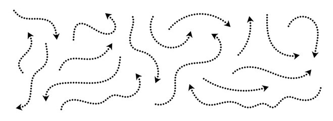 Black dotted arrows set. Wavy and curved dashed arrow collection. Doodle sketched thin pointers and direction lines. Dots outline stripe design elements bundle for flyer, poster, brochure. Vector