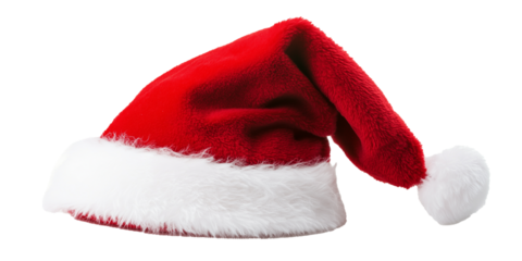 Czerwona czapka Świętego Mikołaja z miękkim białym pomponem umieszczona na przezroczystym tle. Doskonały dodatek do świątecznych kartek i grafik.