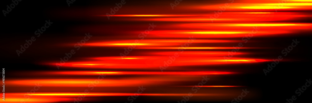 Poster hot orange neon glowing streaks background. bright red speed light effect. magic trail flare line te