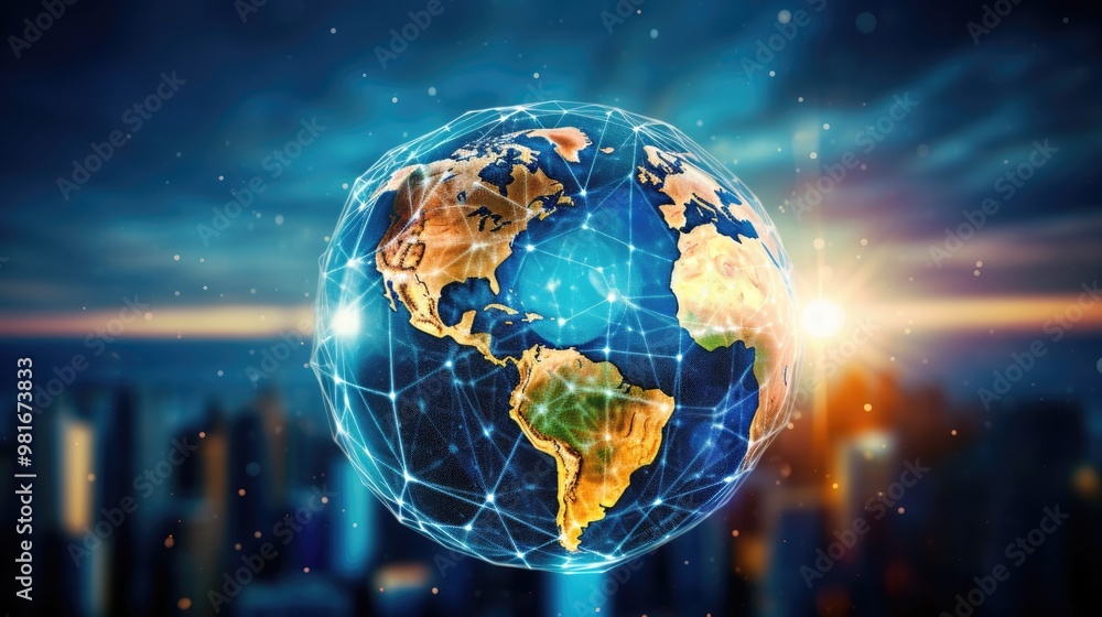 Poster a glowing earth with a network of lines connecting continents, symbolizing global connectivity and c