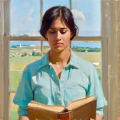 A young woman stands by a window, deeply engaged in a book while surrounded by a serene summer landscape of green fields and a distant horizon.