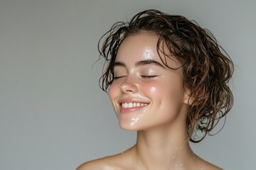 Woman, portrait and hair care in studio with beauty from salon treatment, cosmetics and shampoo shine. Model, person and smile with skincare for wellness, dermatology and glowing , ai