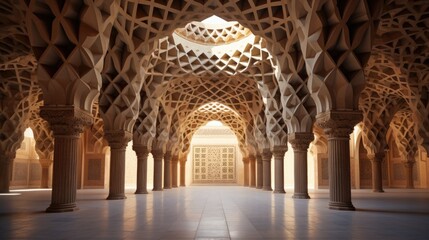 Obraz premium A grand hall with intricate arches and columns, bathed in soft light.