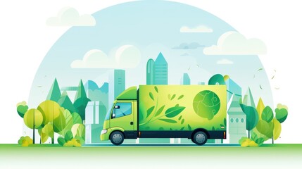 Naklejka premium A green delivery truck with a leafy design drives through a city park, delivering fresh produce and promoting eco-friendly transportation.