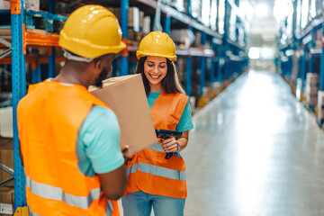 Diverse warehouse colleague collaborating while managing packaging tasks