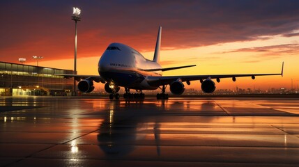 A large airplane sits on the tarmac at sunset, its reflection shimmering in the wet pavement.