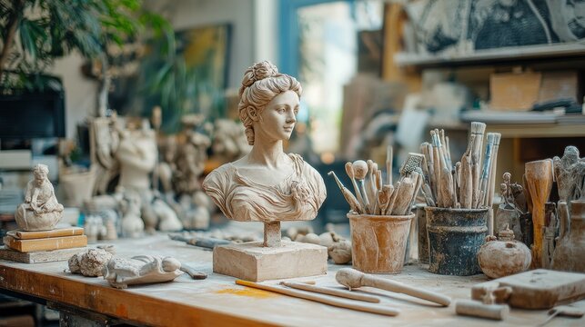 Sculptor clay model and sculpting tools on a studio table including a modeling stand and a set of sculpting tools