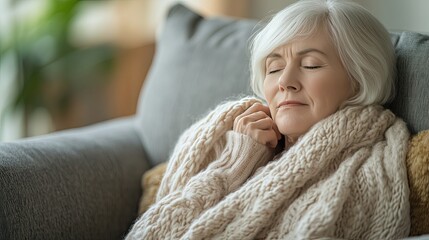 Senior woman sits in chair. This image is perfect for illustrating articles on aging, comfort, or relaxation.
