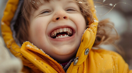 Naklejka premium A close-up of a little girl laughing with her mouth open, showing her teeth.