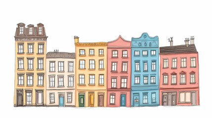 Fototapeta premium Whimsical handdrawn building facades doodle set in varying architectural styles sketch illustration. Whimsical. Illustration