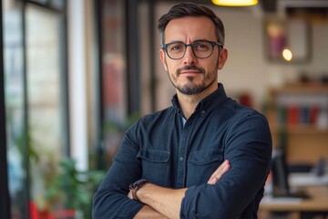 Fototapeta premium Portrait, glasses and business man with arms crossed in startup office for pride in career or job. Creative, face and confident professional entrepreneur, copywriter and employee coworking , ai
