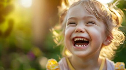 Little girl laughs happily outdoors with bright sunlight.