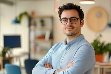Fototapeta premium Portrait, glasses and business man with arms crossed in startup office for pride in career or job. Creative, face and confident professional entrepreneur, copywriter and employee coworking , ai
