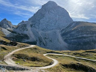 Mountain pass Mangart saddle in the Julian Alps, Strmec na Predelu (Triglav National Park,...