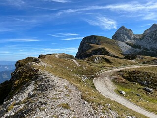 Mountain pass Mangart saddle in the Julian Alps, Strmec na Predelu (Triglav National Park,...