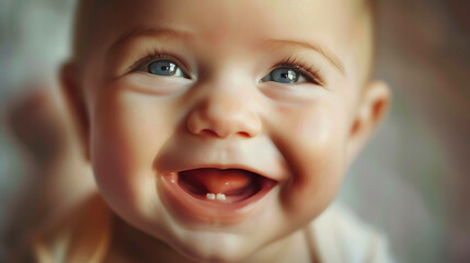 Close-up portrait of a baby with big blue eyes and a toothy grin.