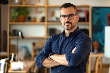 Fototapeta premium Portrait, glasses and business man with arms crossed in startup office for pride in career or job. Creative, face and confident professional entrepreneur, copywriter and employee coworking , ai