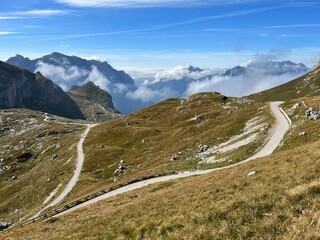 Mountain pass Mangart saddle in the Julian Alps, Strmec na Predelu (Triglav National Park,...