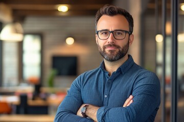 Fototapeta premium Portrait, glasses and business man with arms crossed in startup office for pride in career or job. Creative, face and confident professional entrepreneur, copywriter and employee coworking , ai
