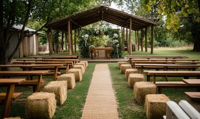 Rustic Outdoor Wedding with Hay Bales Seating and Wooden Altar Draped in Greenery