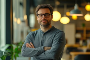 Fototapeta premium Portrait, glasses and business man with arms crossed in startup office for pride in career or job. Creative, face and confident professional entrepreneur, copywriter and employee coworking , ai