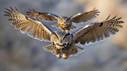 Obraz premium Two owls flying with wings spread wide. This photo is perfect for nature, wildlife, or animal themes.