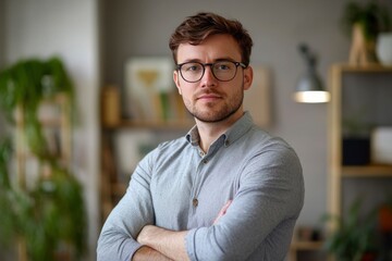 Portrait, glasses and business man with arms crossed in startup office for pride in career or job. Creative, face and confident professional entrepreneur, copywriter and employee coworking , ai