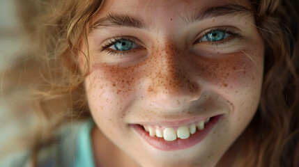 Close-up portrait of a young woman with freckles and blue eyes smiling.