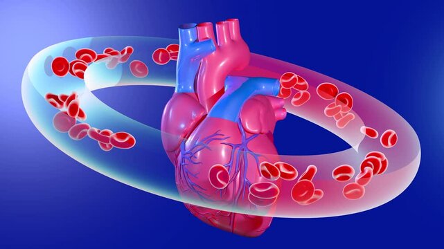 Animaci&oacute;n 3d de un coraz&oacute;n latiendo, mostrando las arterias coronarias. Rode&aacute;ndolo como una &oacute;rbita por la circulaci&oacute;n de los gl&oacute;bulos rojos de la sangre sobre fondo azul degradado.