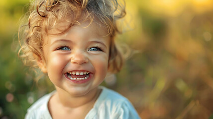 Portrait of a toddler girl with curly blond hair laughing.