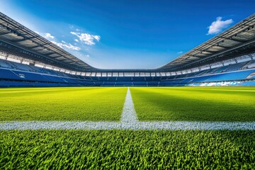Fototapeta premium Empty nobody soccer stadium field with blue sky, soccer background, ai