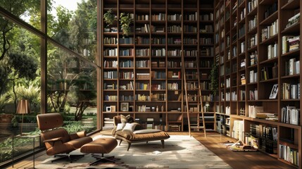 A sophisticated home library with elegant floor-to-ceiling bookshelves, a classic ladder, and a comfortable reading chair, offering a refined and cozy space.