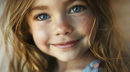 Fototapeta premium A portrait of a young girl with long blonde hair, smiling with bright blue eyes.