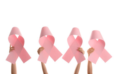 Women holding paper pink ribbons on white background. Breast cancer awareness concept