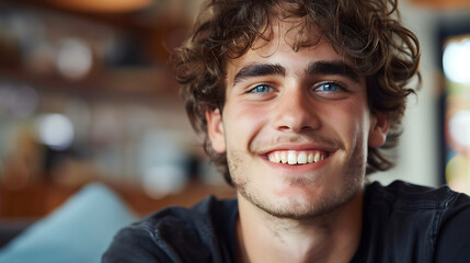 Obraz premium Close up of a young man with curly brown hair smiling at the camera.
