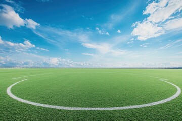 Obraz premium Empty nobody soccer stadium field with blue sky, soccer background, ai